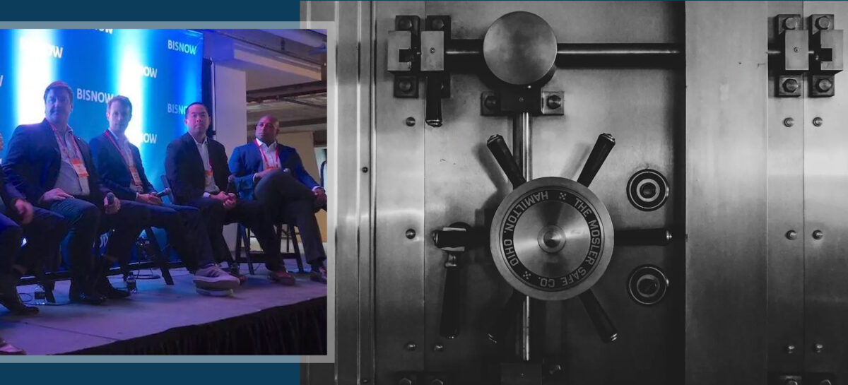 Large image of a safe door and small image of Bonaventure employees on the left