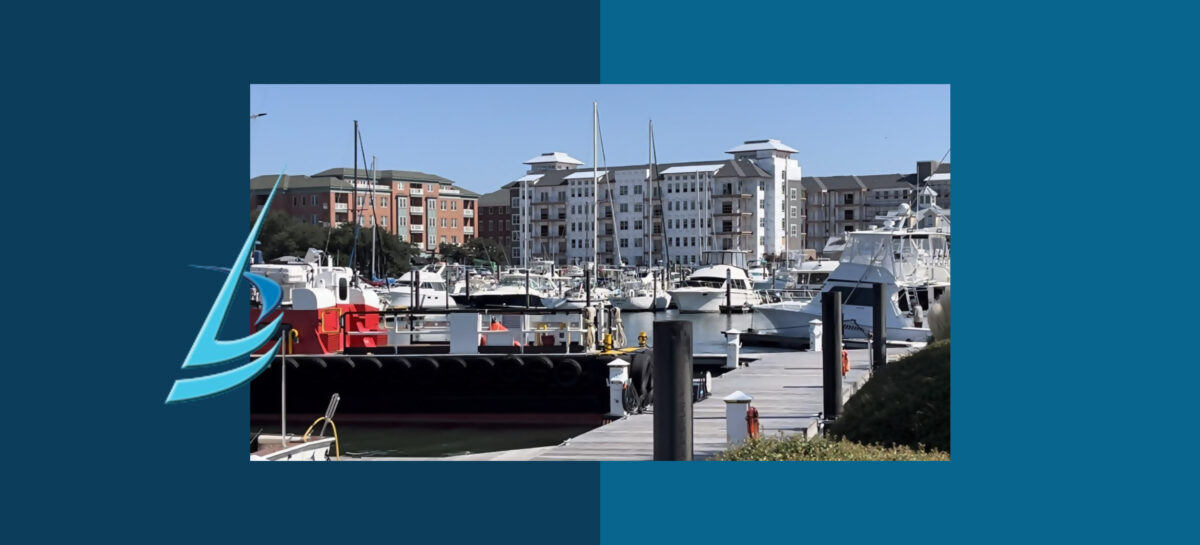 Blue graphic with a photo of a marina, boats and the Bonaventure B icon