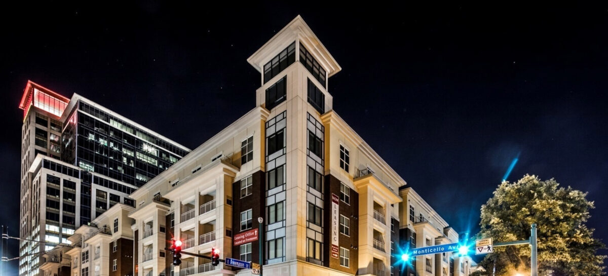 Nighttime photo of multifamily development