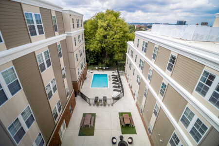 Aerial view of a pool and courtyard